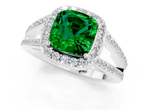 White gold Cushion Cut Emerald Halo Ring with Split Shank U-Prong Band and Four-Prong Setting_1