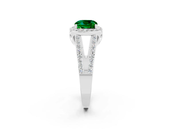 Platinum Cushion Cut Emerald Halo Ring with Split Shank U-Prong Band and Four-Prong Setting
