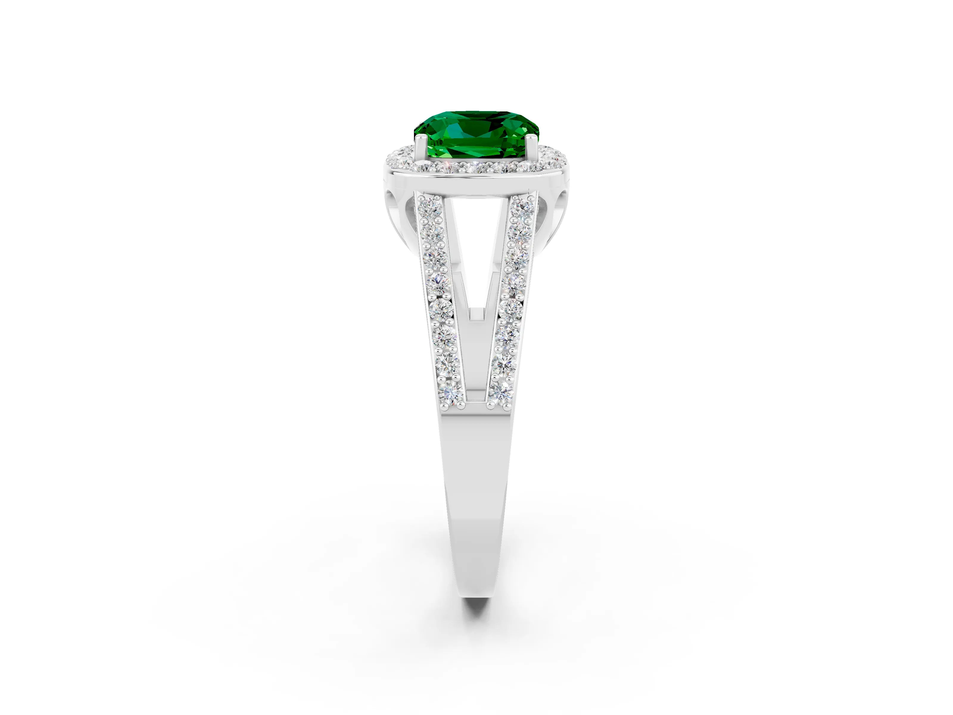 White gold Cushion Cut Emerald Halo Ring with Split Shank U-Prong Band and Four-Prong Setting_2