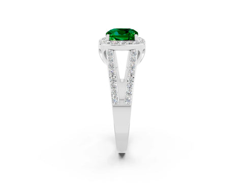 White gold Cushion Cut Emerald Halo Ring with Split Shank U-Prong Band and Four-Prong Setting_2
