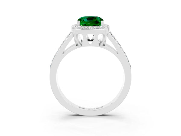 Silver Cushion Cut Emerald Halo Ring with Split Shank U-Prong Band and Four-Prong Setting