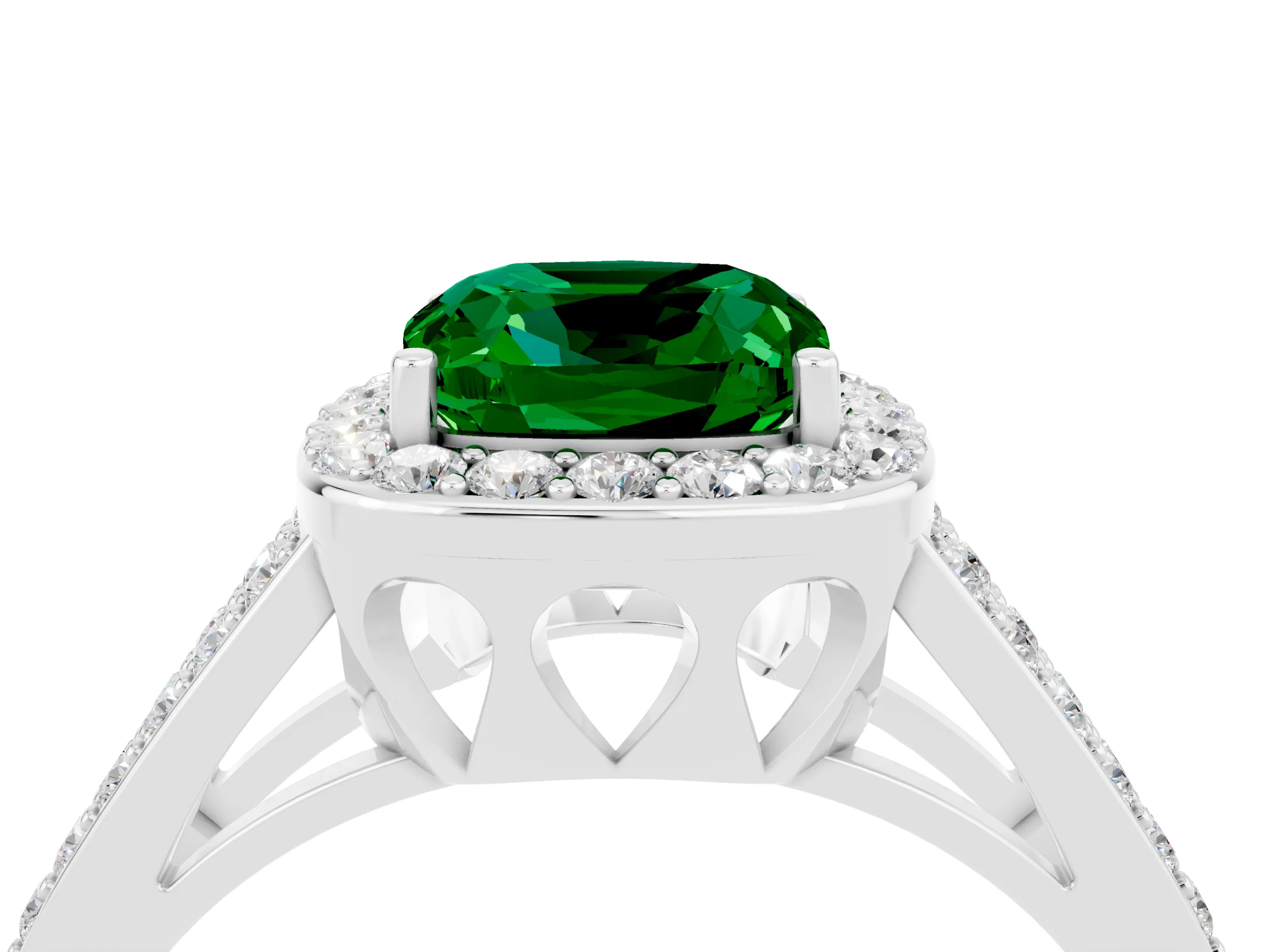 White gold Cushion Cut Emerald Halo Ring with Split Shank U-Prong Band and Four-Prong Setting_4