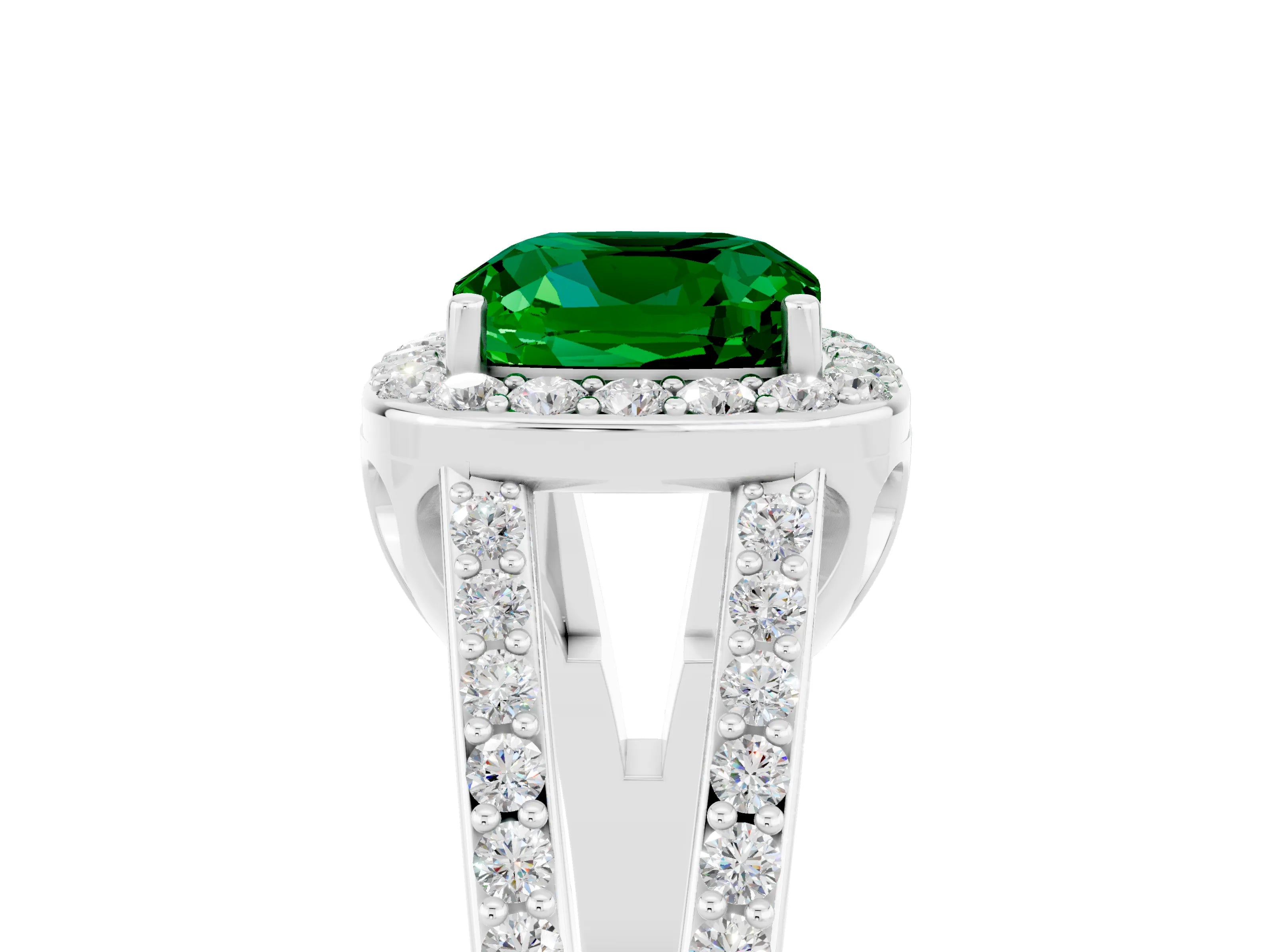 White gold Cushion Cut Emerald Halo Ring with Split Shank U-Prong Band and Four-Prong Setting_5