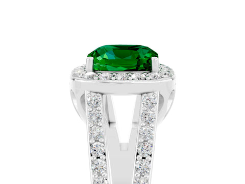 White gold Cushion Cut Emerald Halo Ring with Split Shank U-Prong Band and Four-Prong Setting_5
