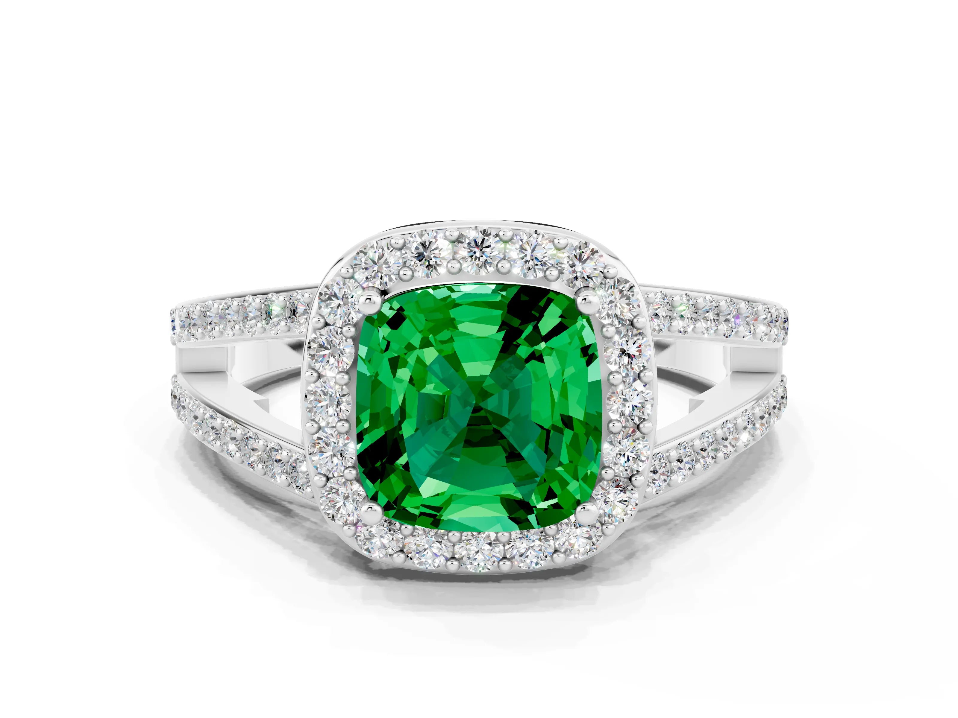 White gold Cushion Cut Emerald Halo Ring with Split Shank U-Prong Band and Four-Prong Setting