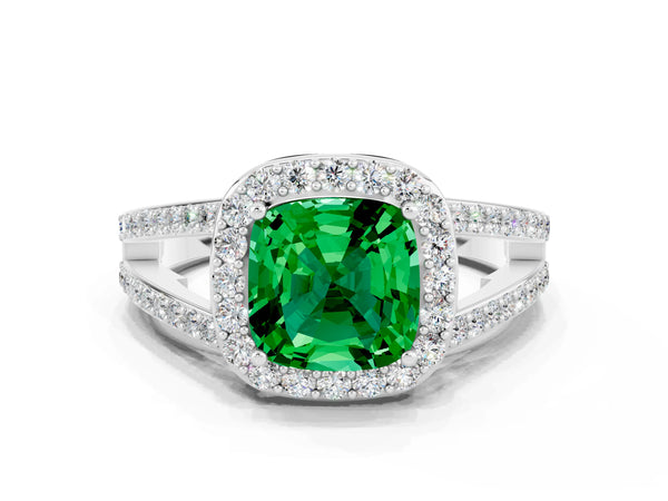 White gold Cushion Cut Emerald Halo Ring with Split Shank U-Prong Band and Four-Prong Setting