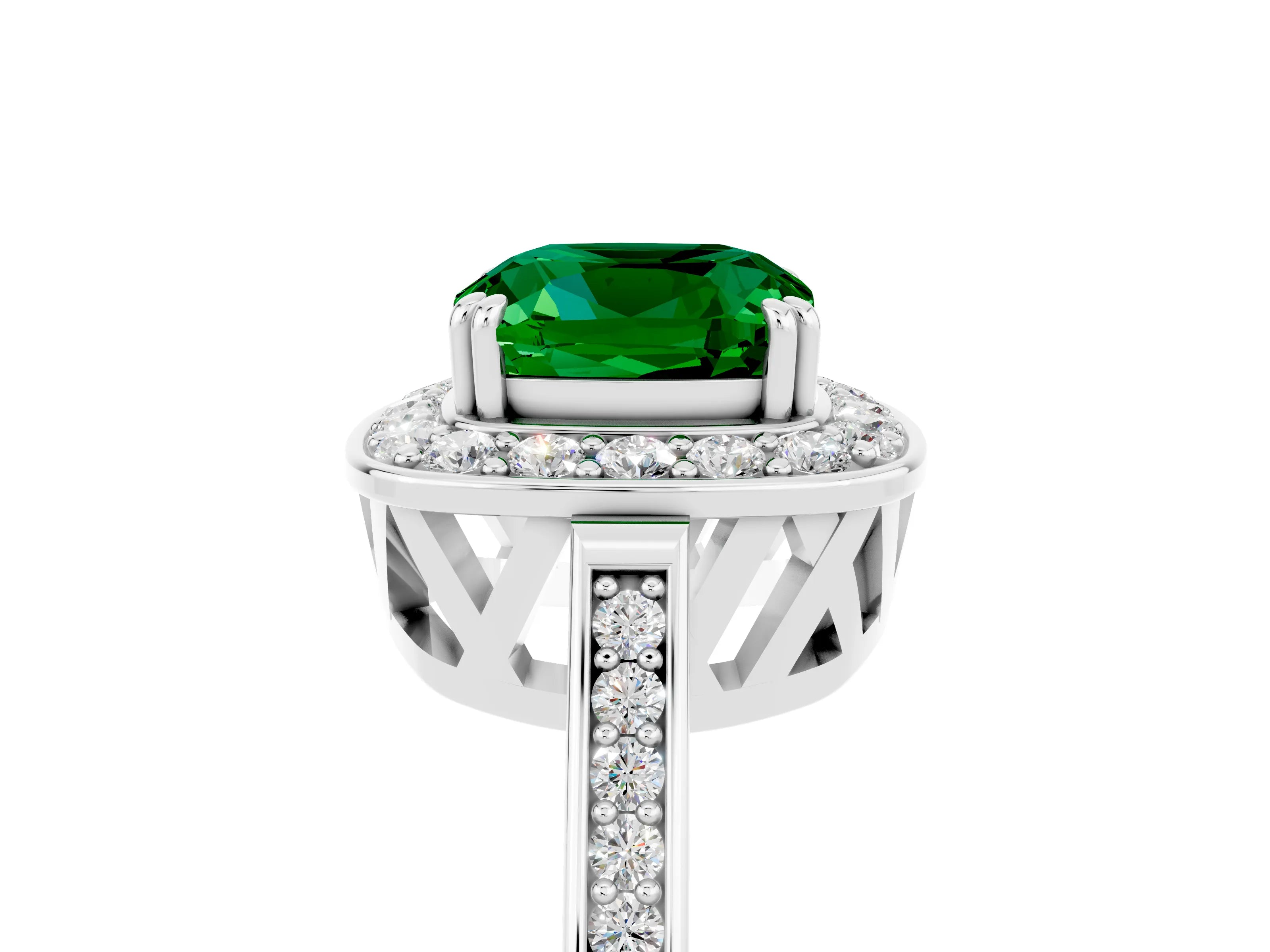 White gold Cushion Cut Emerald Halo Ring with Split Shank and Four-Prong Setting_11