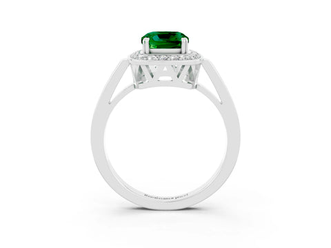 White gold Cushion Cut Emerald Halo Ring with Split Shank and Four-Prong Setting_11