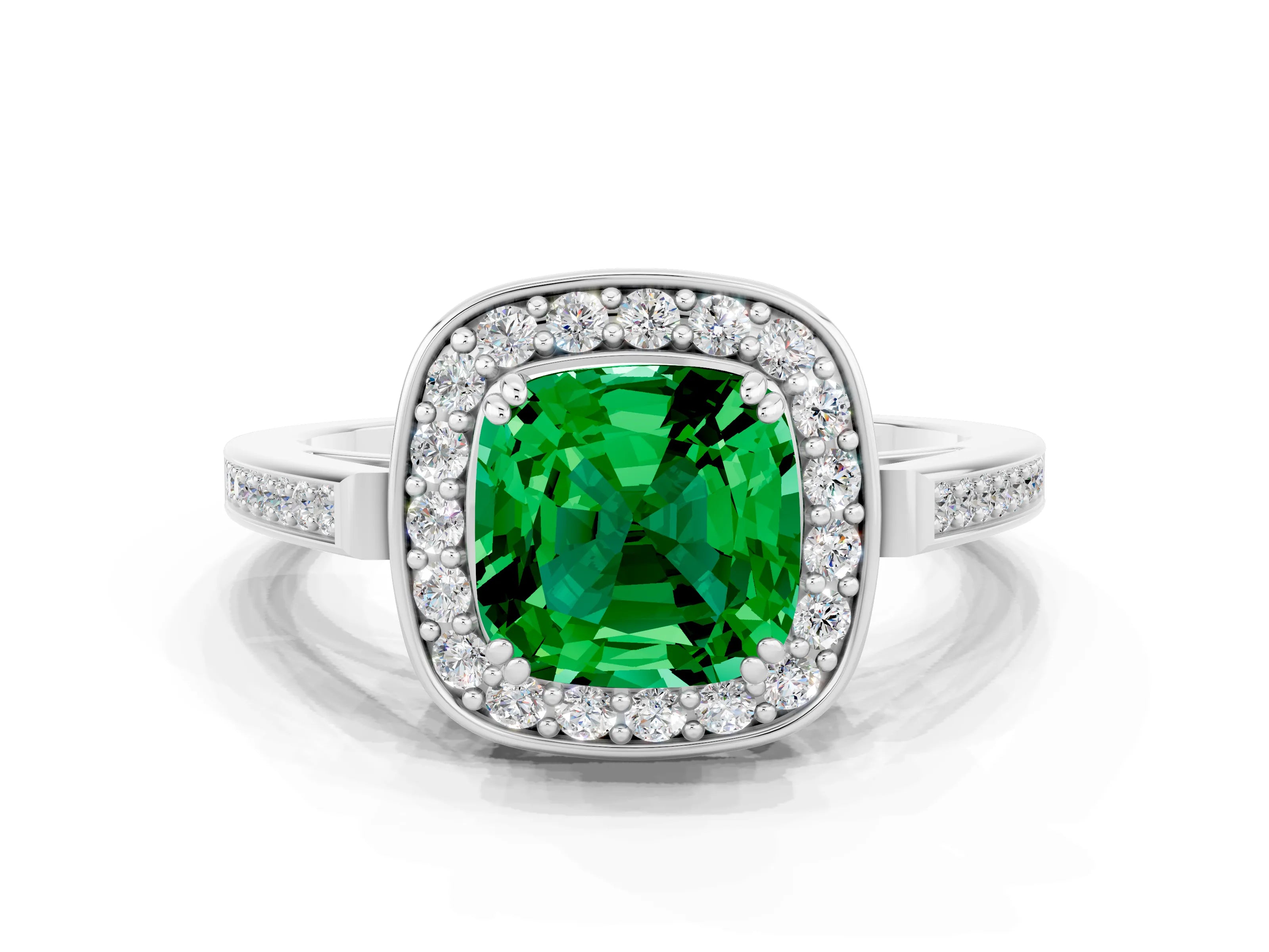 White gold Cushion Cut Emerald Halo Ring with Split Shank and Four-Prong Setting_24