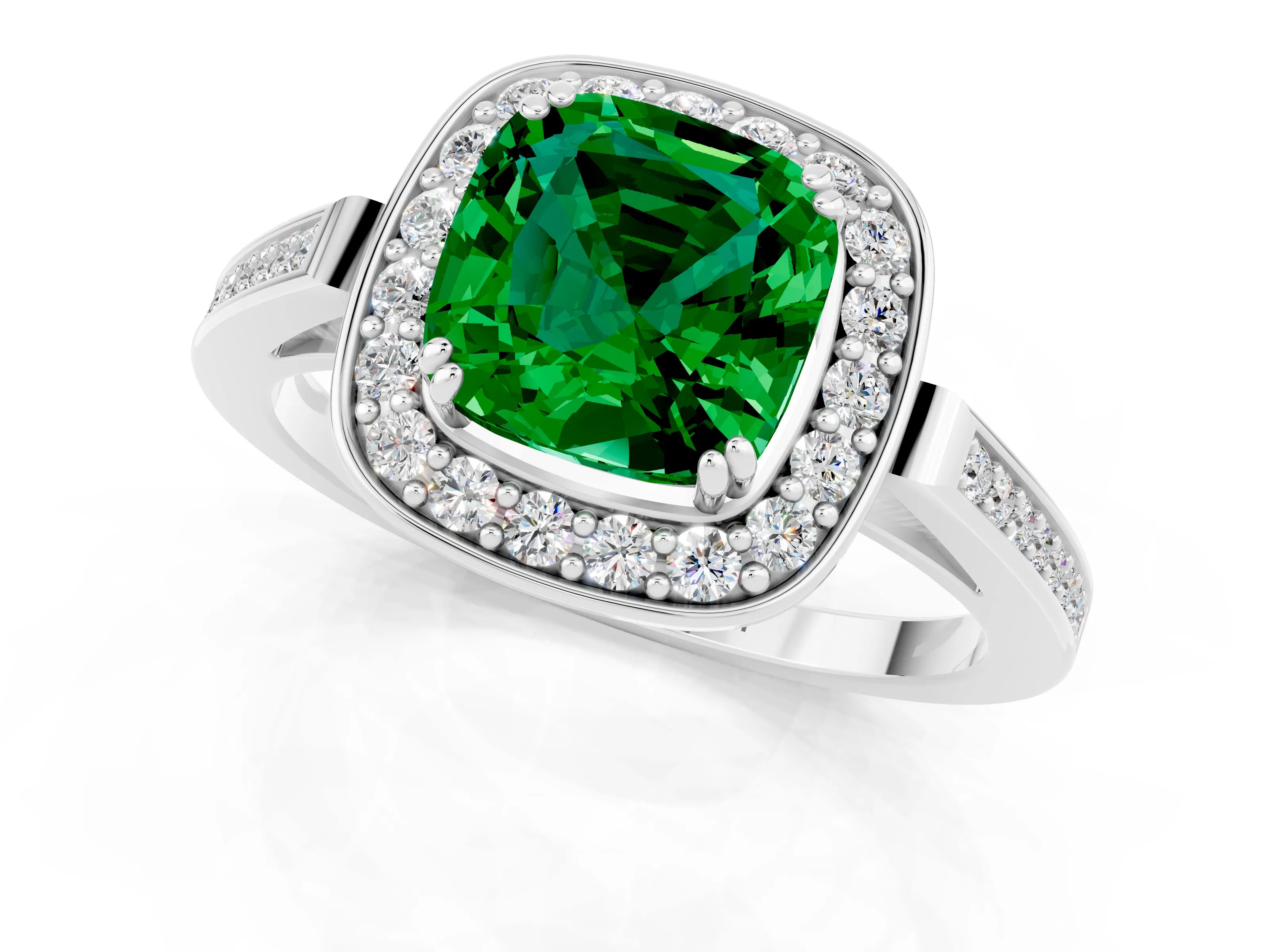 White gold Cushion Cut Emerald Halo Ring with Split Shank and Four-Prong Setting_25