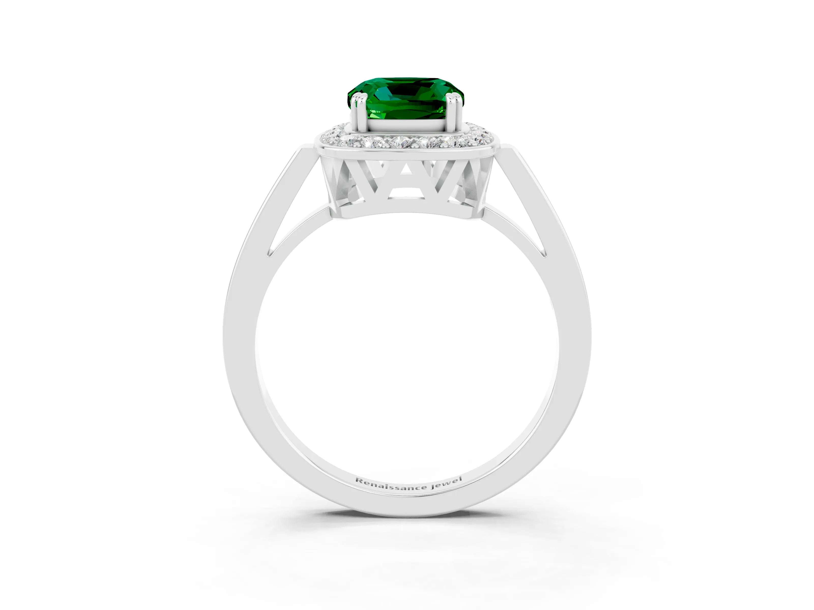 White gold Cushion Cut Emerald Halo Ring with Split Shank and Four-Prong Setting_27