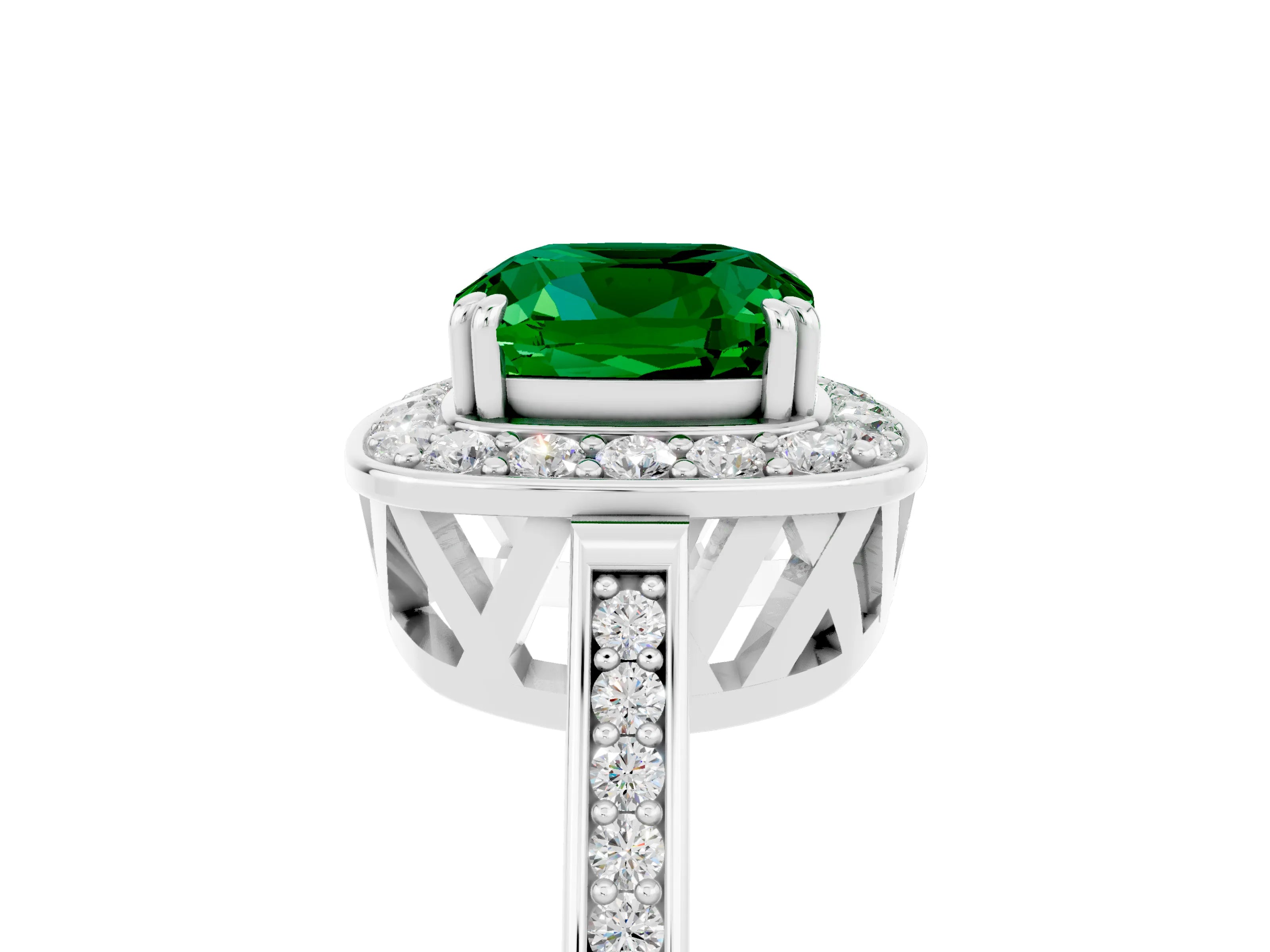 White gold Cushion Cut Emerald Halo Ring with Split Shank and Four-Prong Setting_29