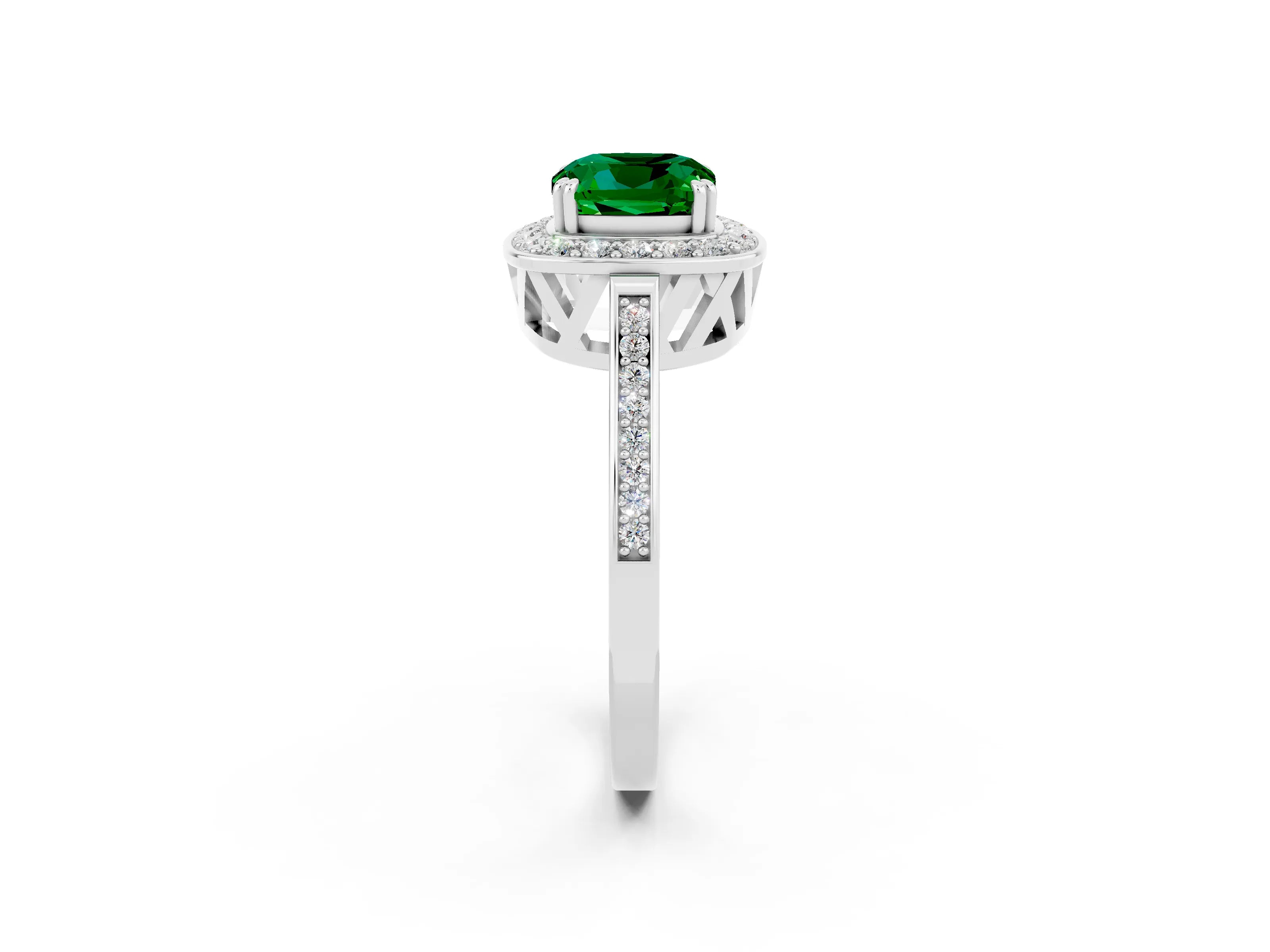 White gold Cushion Cut Emerald Halo Ring with Split Shank and Four-Prong Setting_2