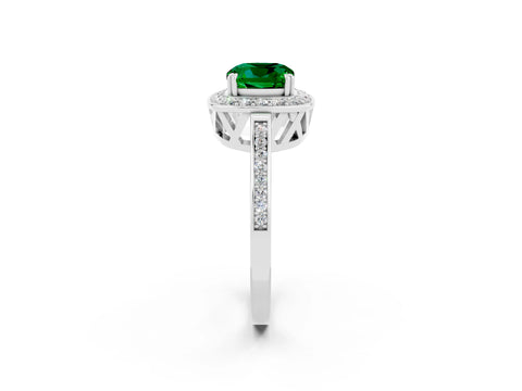 White gold Cushion Cut Emerald Halo Ring with Split Shank and Four-Prong Setting_2