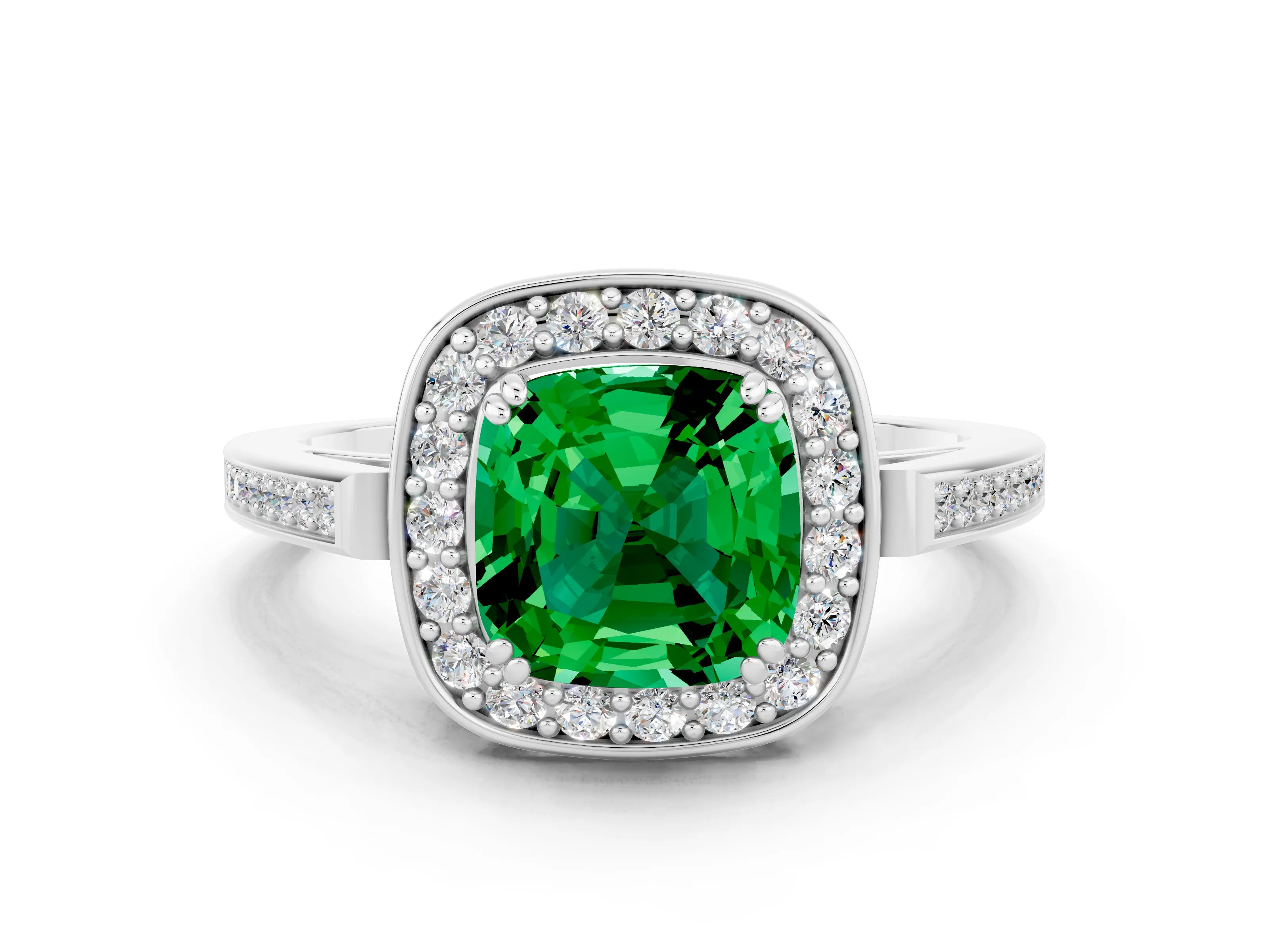 White gold Cushion Cut Emerald Halo Ring with Split Shank and Four-Prong Setting_30
