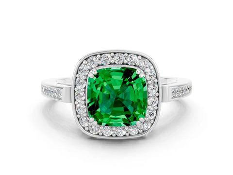 White gold Cushion Cut Emerald Halo Ring with Split Shank and Four-Prong Setting_30