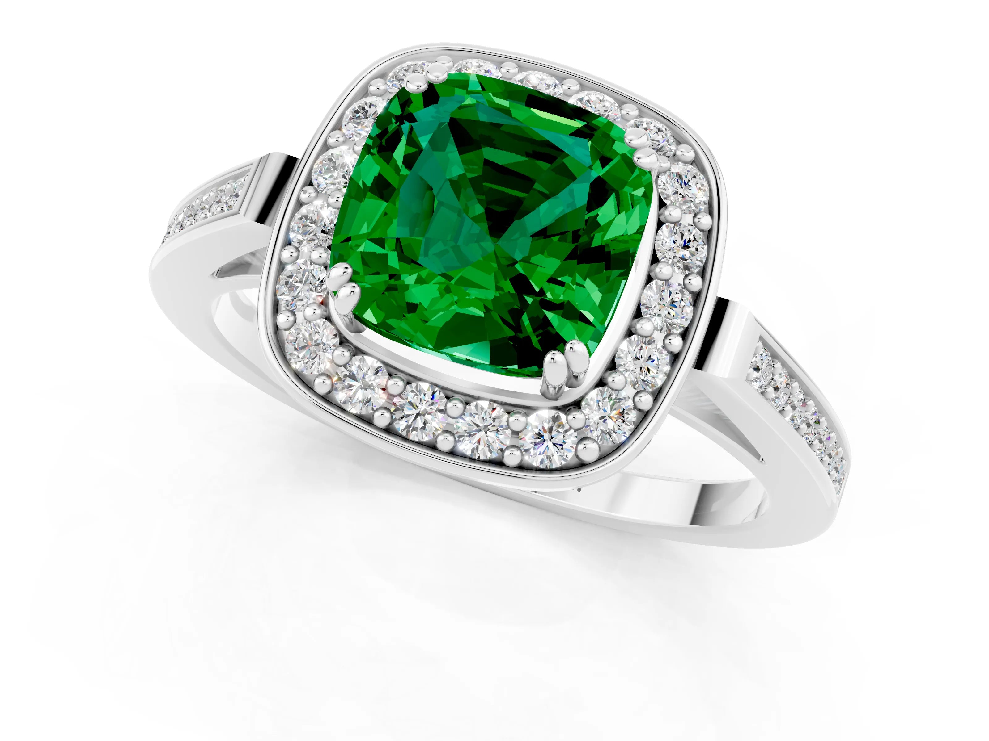 White gold Cushion Cut Emerald Halo Ring with Split Shank and Four-Prong Setting_31