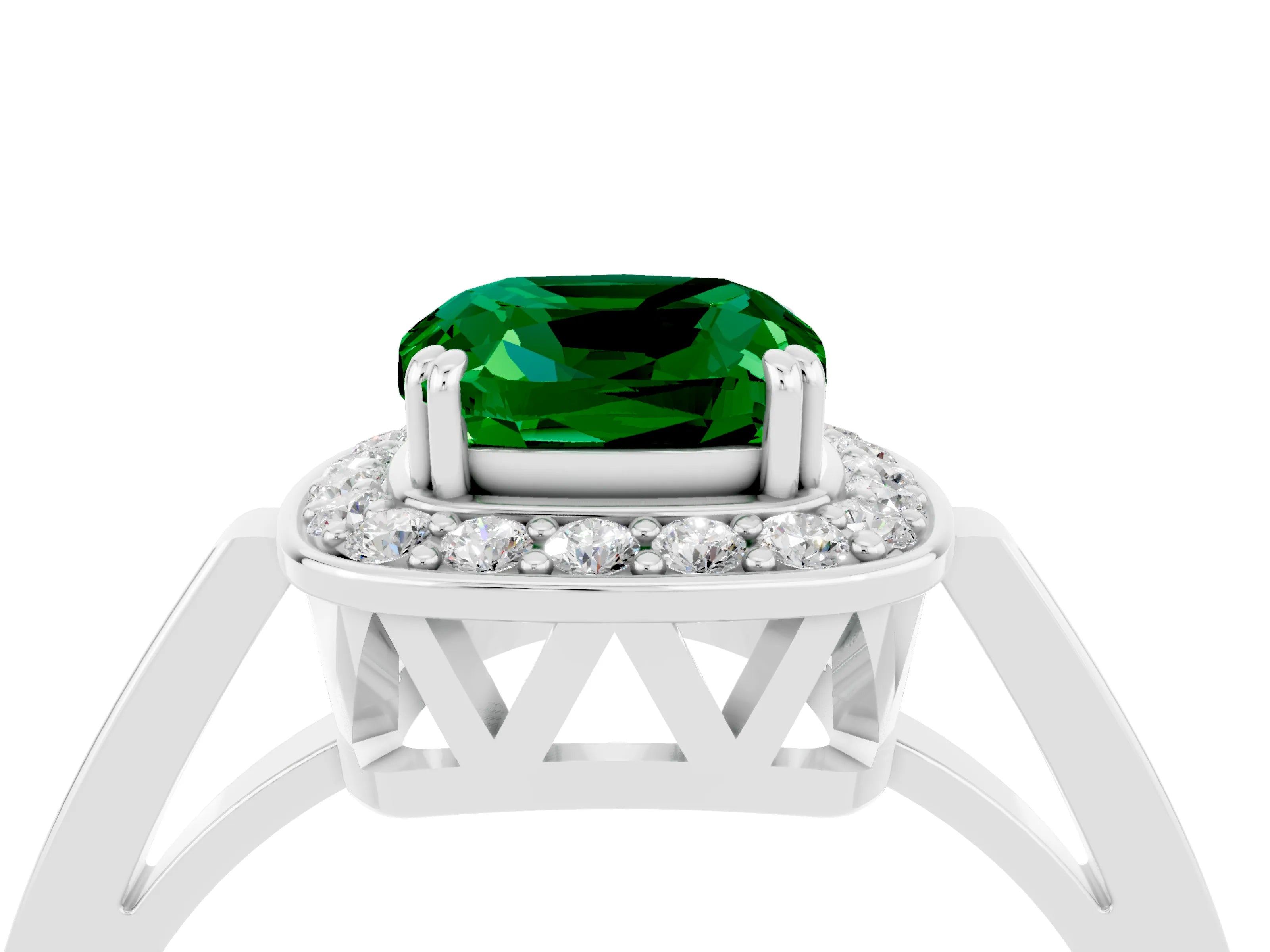 White gold Cushion Cut Emerald Halo Ring with Split Shank and Four-Prong Setting_34