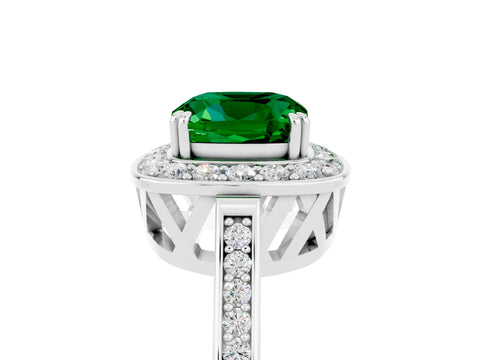 White gold Cushion Cut Emerald Halo Ring with Split Shank and Four-Prong Setting_5