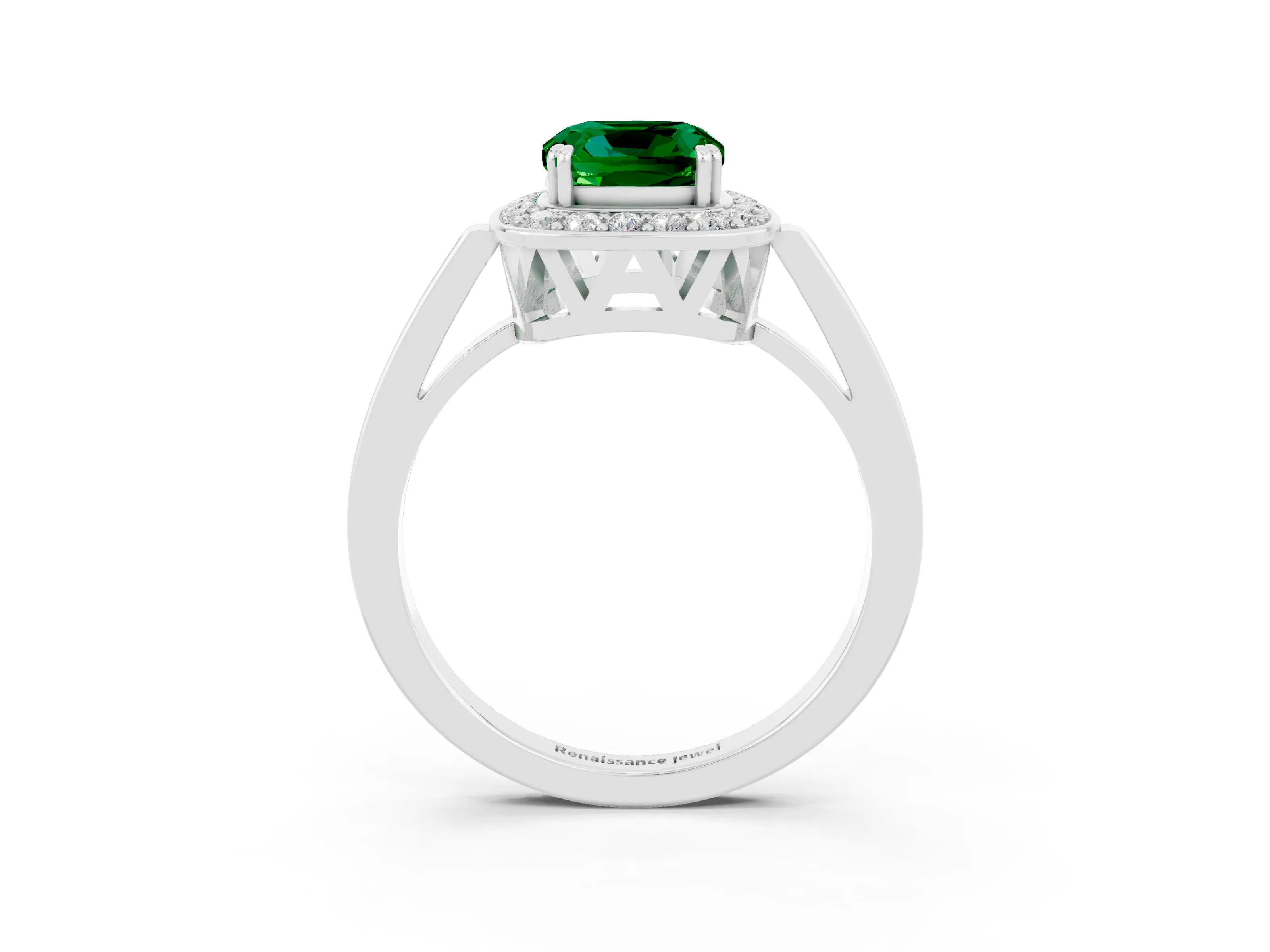 White gold Cushion Cut Emerald Halo Ring with Split Shank and Four-Prong Setting_9
