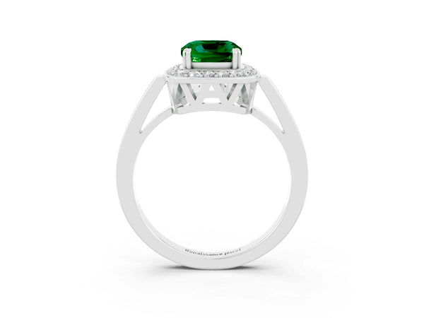 Silver Cushion Cut Emerald Halo Ring with Split Shank and Four-Prong Setting