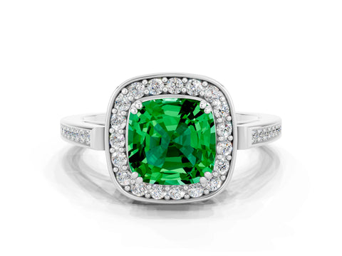 White gold Cushion Cut Emerald Halo Ring with Split Shank and Four-Prong Setting