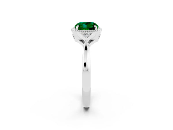 Platinum Cushion Cut Emerald Halo Ring with Tapered Band and Four-Prong Setting
