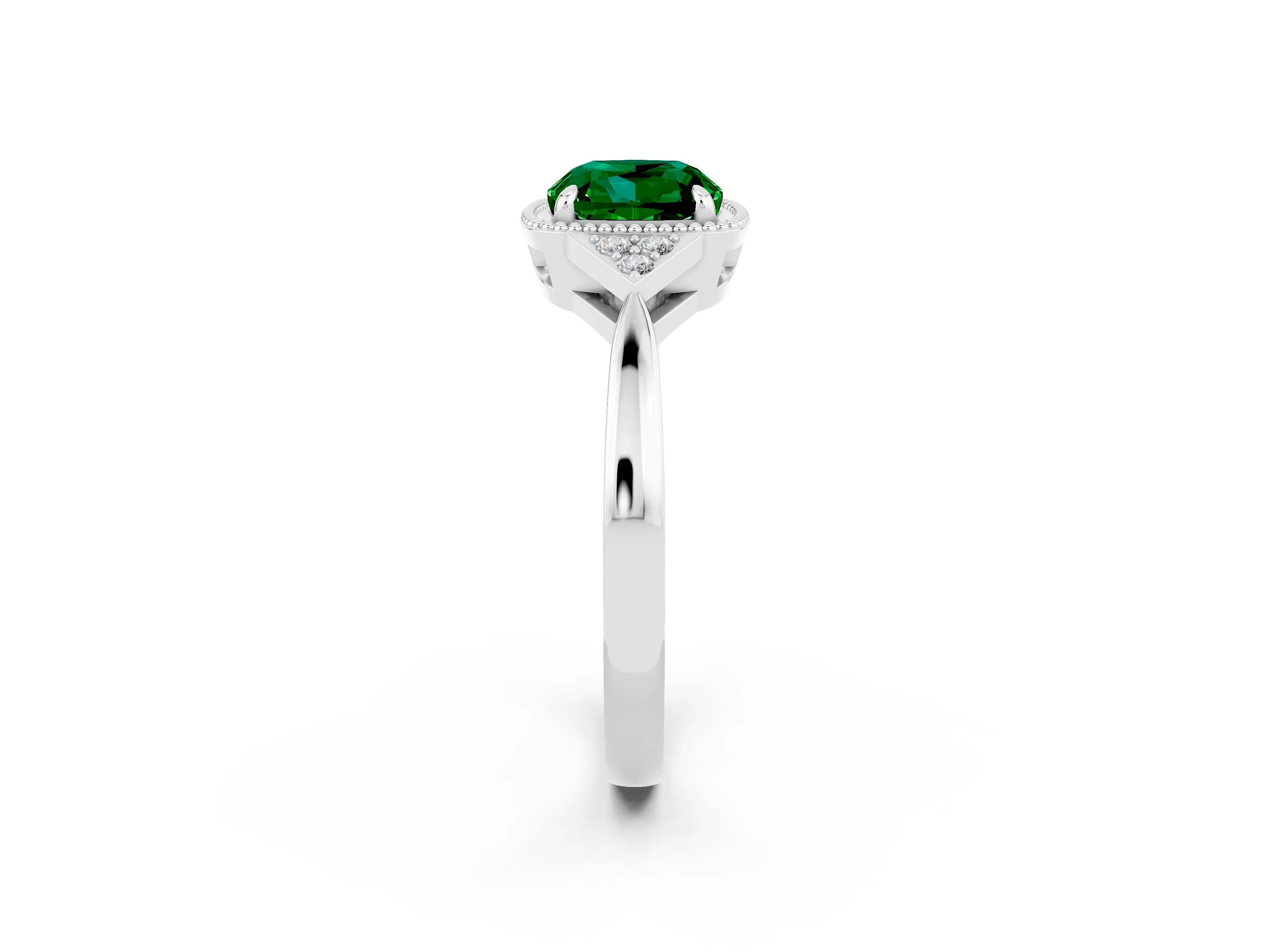 White gold Cushion Cut Emerald Halo Ring with Tapered Band and Four-Prong Setting_2
