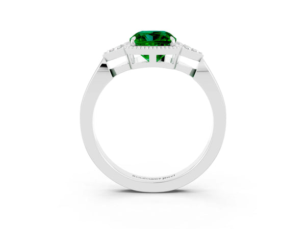 Platinum Cushion Cut Emerald Halo Ring with Tapered Band and Four-Prong Setting