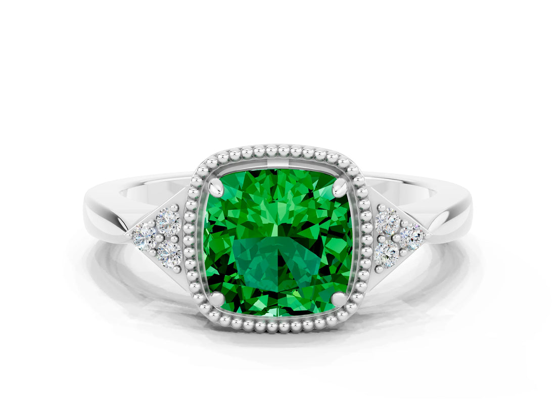 White gold Cushion Cut Emerald Halo Ring with Tapered Band and Four-Prong Setting