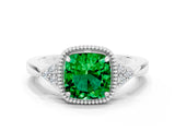 White gold Cushion Cut Emerald Halo Ring with Tapered Band and Four-Prong Setting