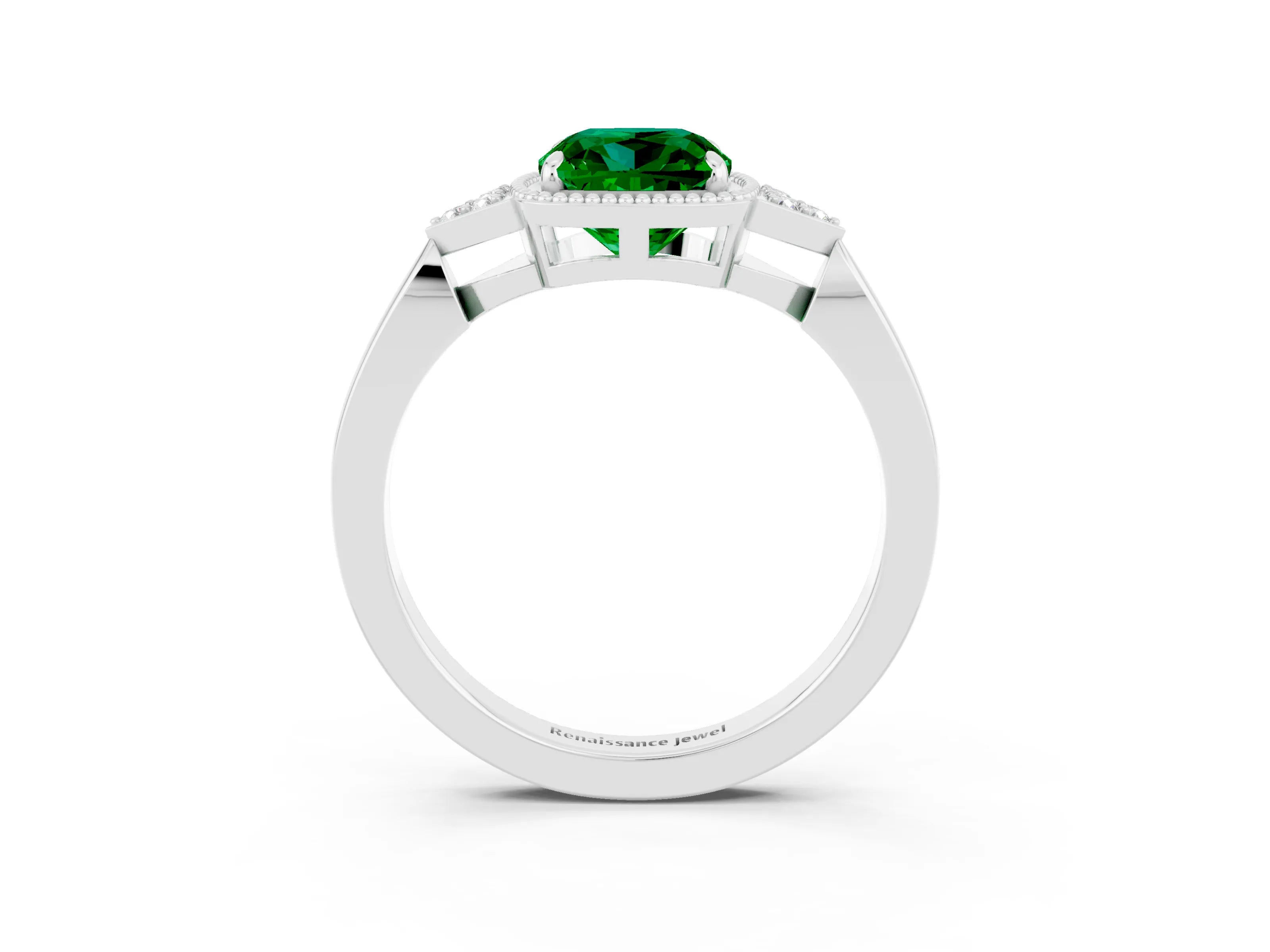 White gold Cushion Cut Emerald Halo Ring with Tapered Band and Four-Prong Setting_3