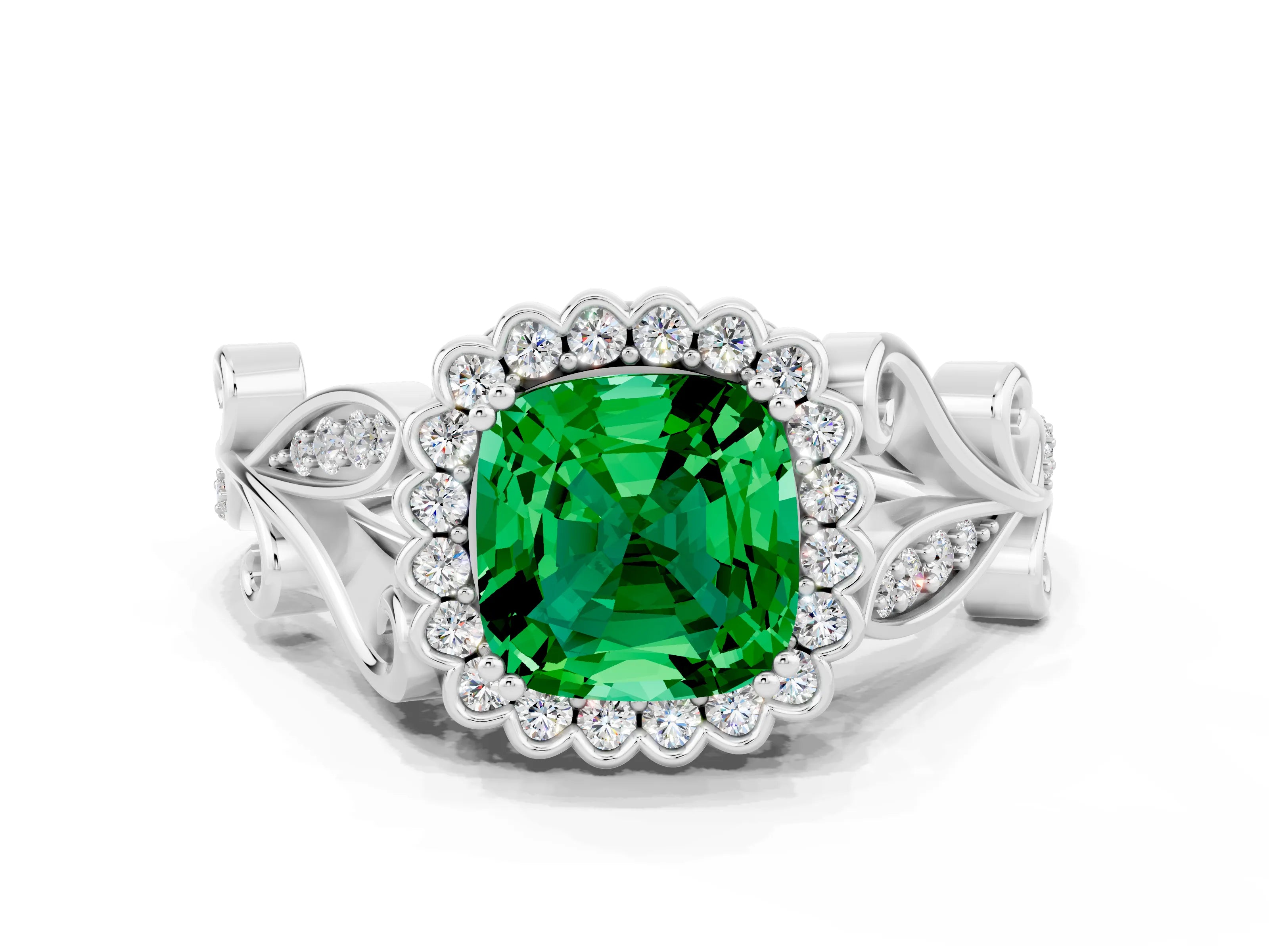 White gold Cushion Cut Emerald Halo Ring with Vintage Split Shank and Four-Prong Setting_24