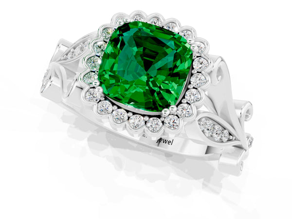 Platinum Cushion Cut Emerald Halo Ring with Vintage Split Shank and Four-Prong Setting