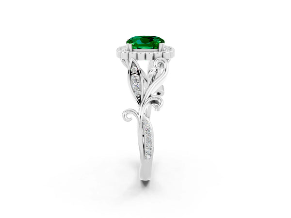 Silver Cushion Cut Emerald Halo Ring with Vintage Split Shank and Four-Prong Setting