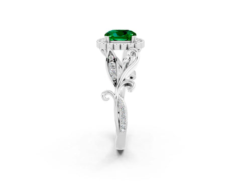 White gold Cushion Cut Emerald Halo Ring with Vintage Split Shank and Four-Prong Setting_26