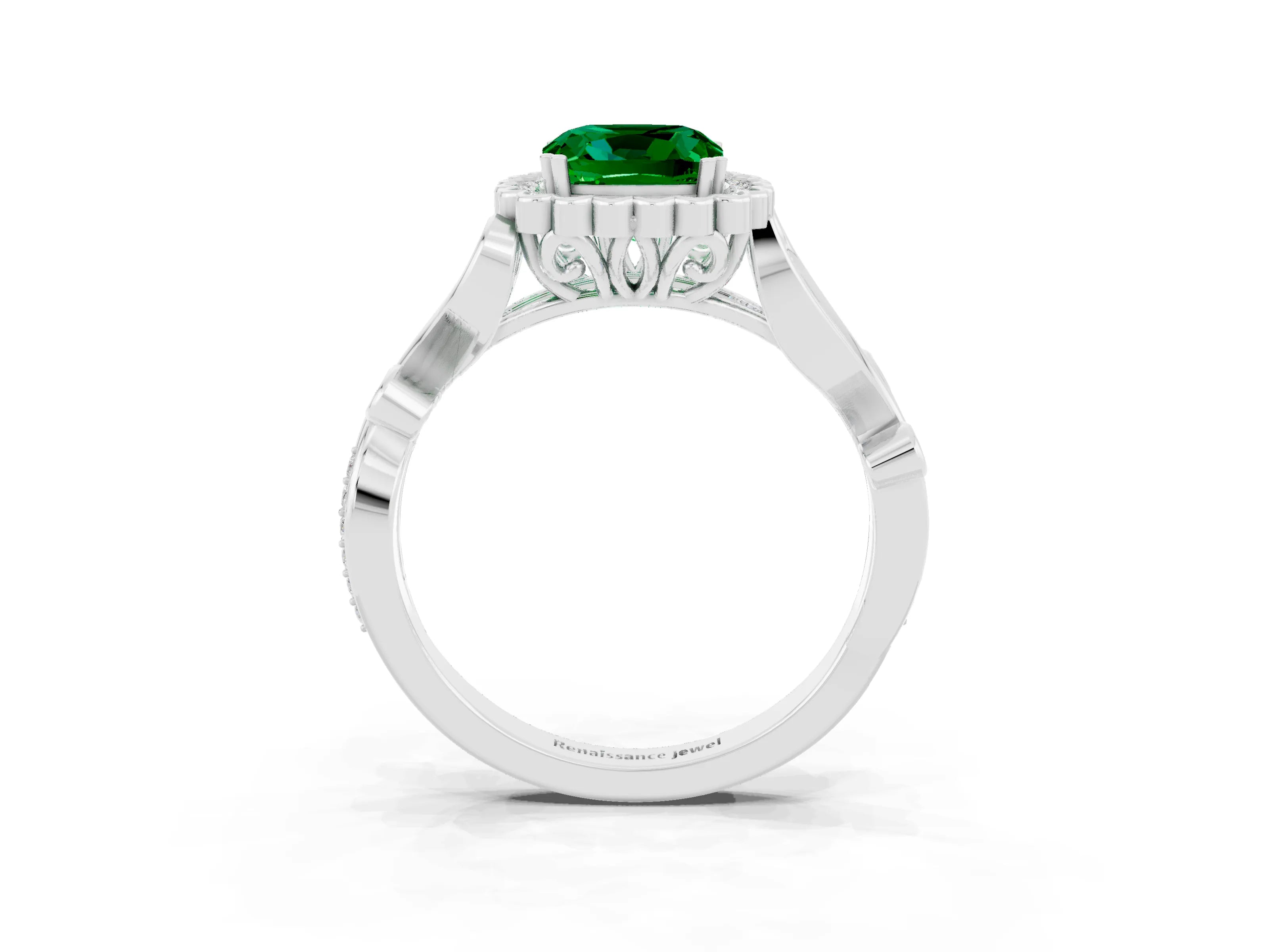 White gold Cushion Cut Emerald Halo Ring with Vintage Split Shank and Four-Prong Setting_27