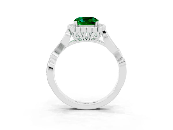 White gold Cushion Cut Emerald Halo Ring with Vintage Split Shank and Four-Prong Setting