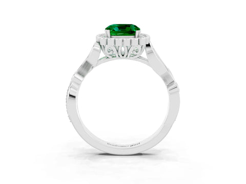 White gold Cushion Cut Emerald Halo Ring with Vintage Split Shank and Four-Prong Setting_27