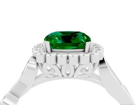 White gold Cushion Cut Emerald Halo Ring with Vintage Split Shank and Four-Prong Setting_28