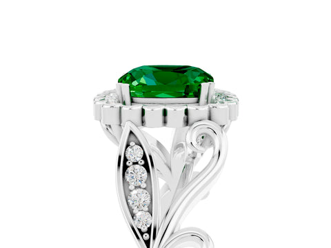 White gold Cushion Cut Emerald Halo Ring with Vintage Split Shank and Four-Prong Setting_29