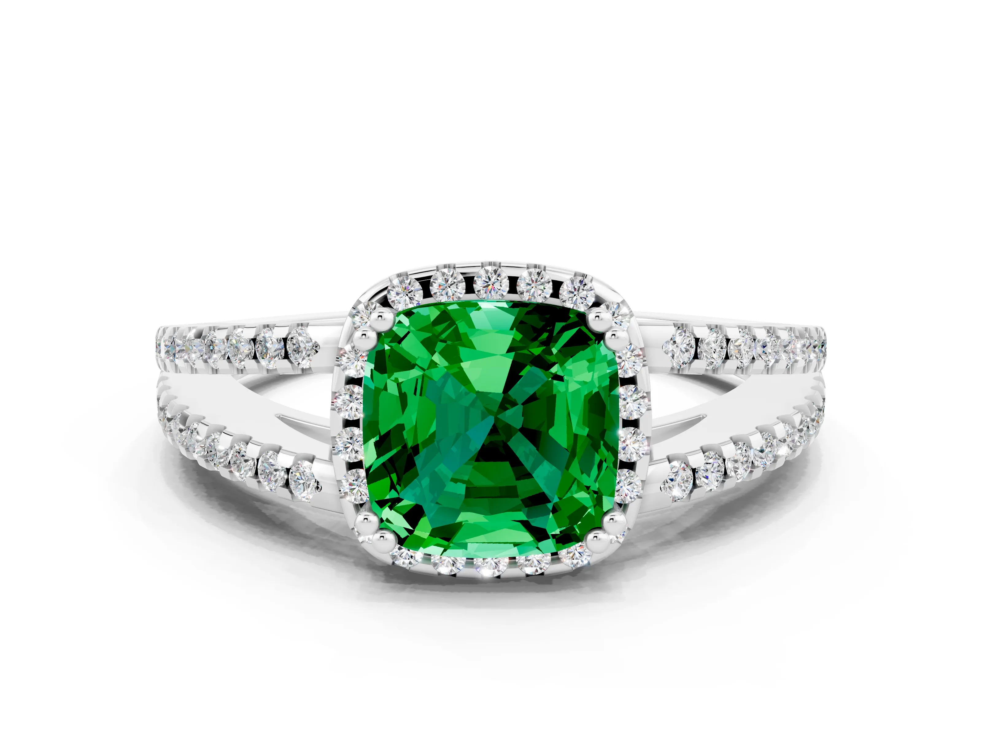 White gold Cushion Cut Emerald Halo Split Shank Engagement Ring_12