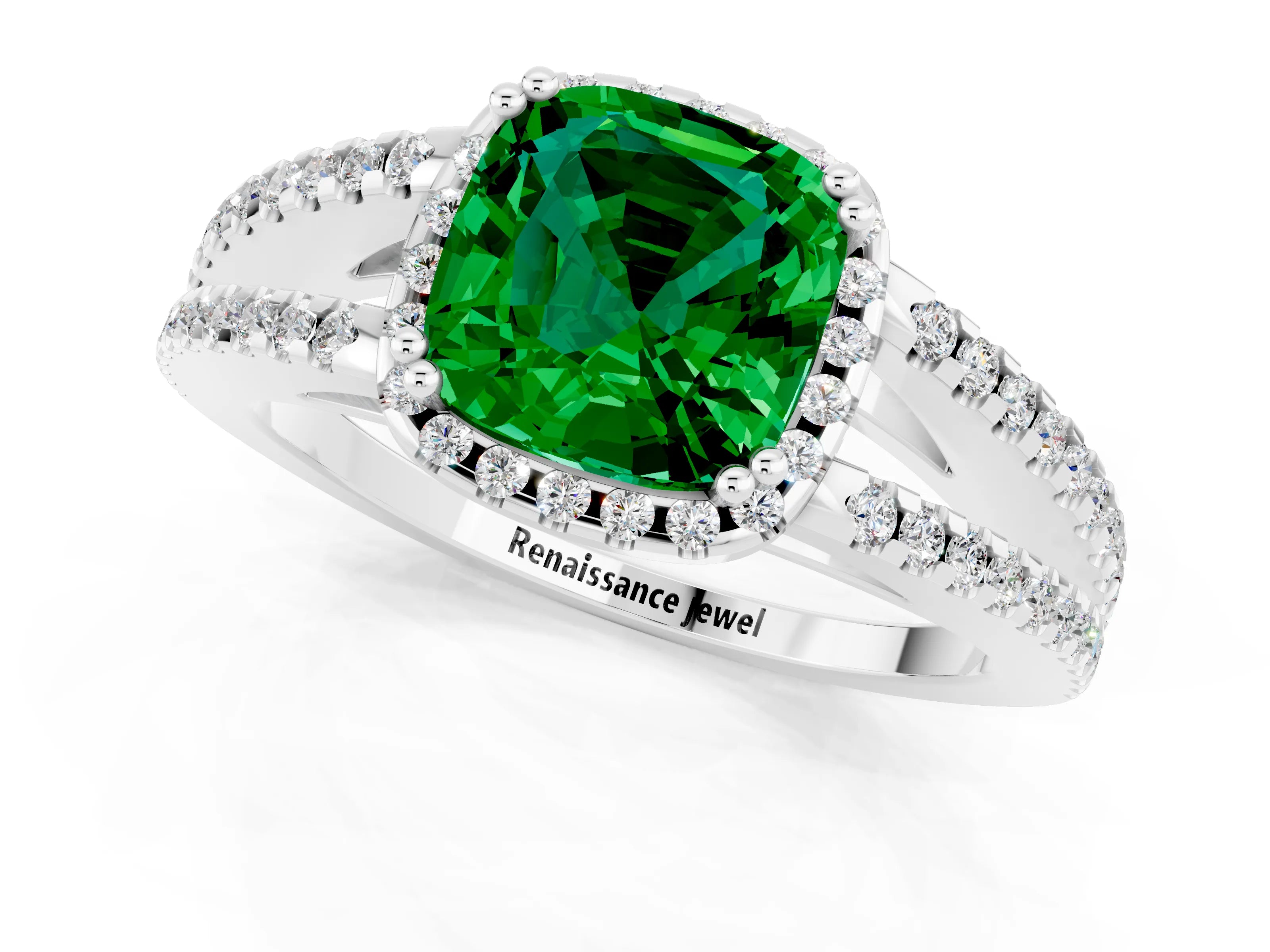 White gold Cushion Cut Emerald Halo Split Shank Engagement Ring_13