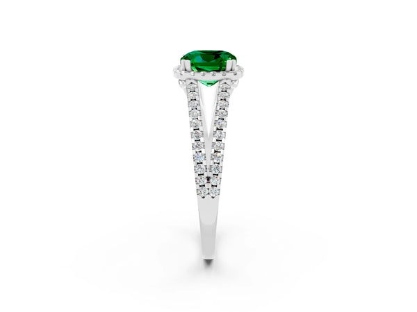 White gold Cushion Cut Emerald Halo Split Shank Engagement Ring