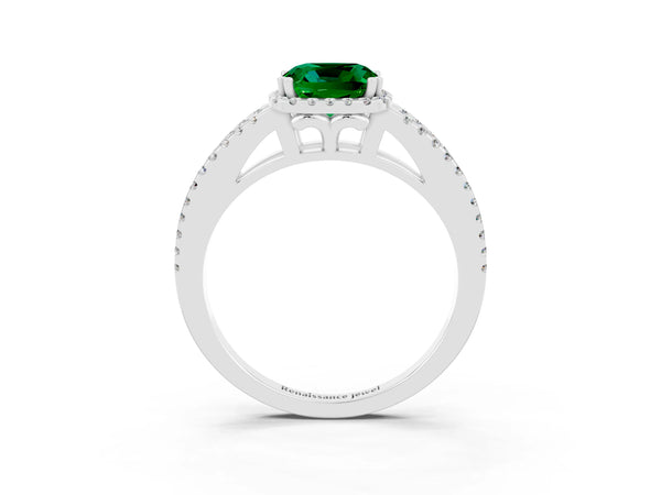 White gold Cushion Cut Emerald Halo Split Shank Engagement Ring