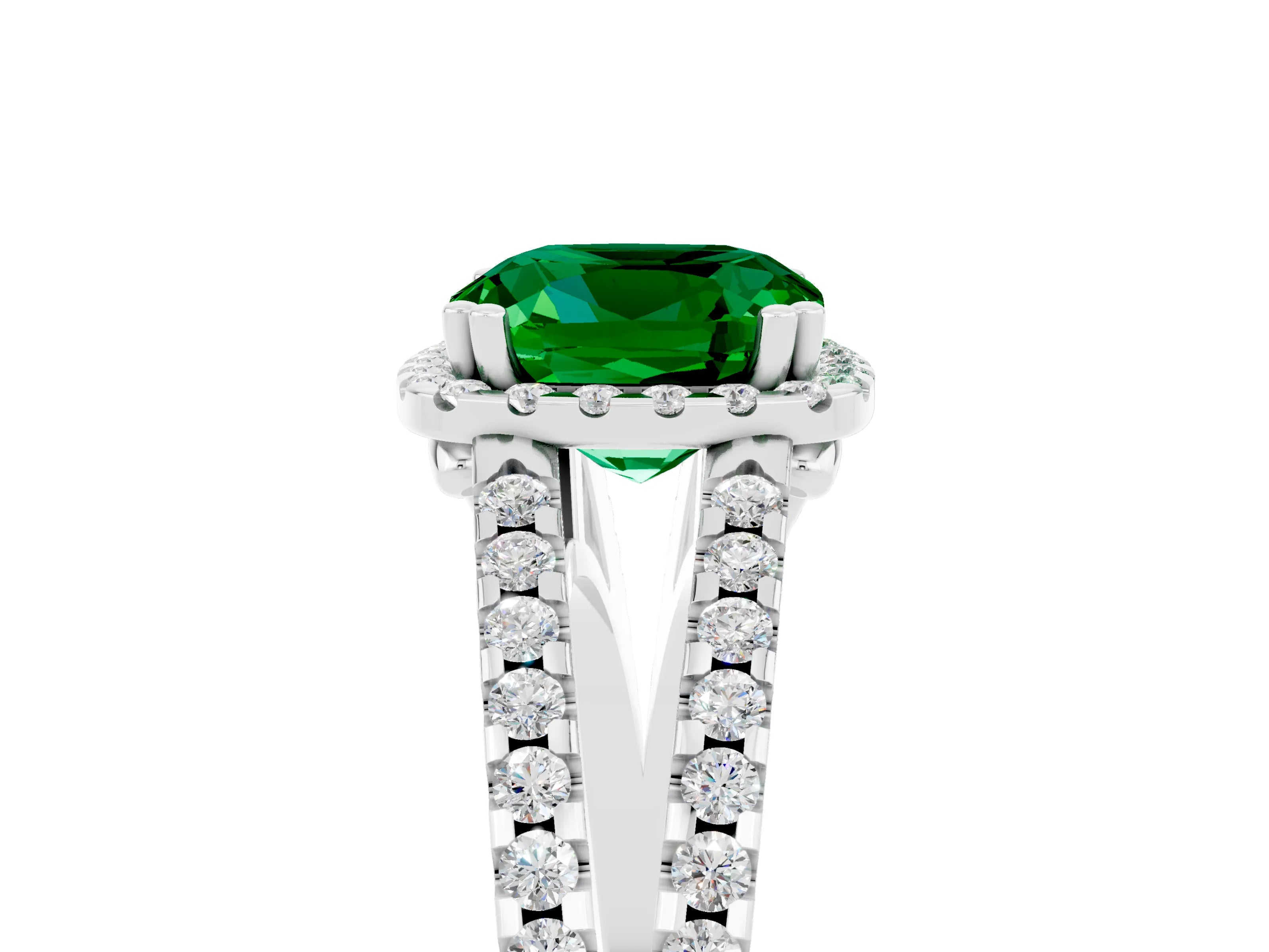 White gold Cushion Cut Emerald Halo Split Shank Engagement Ring_17