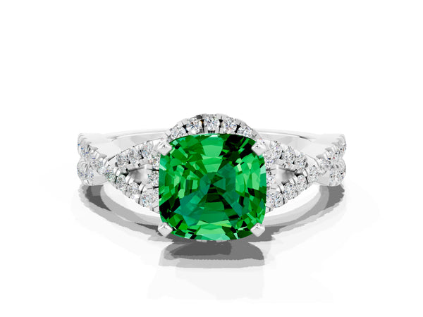 White gold Cushion Cut Emerald  Halo Twist Band Solitaire Prong Setting Ring