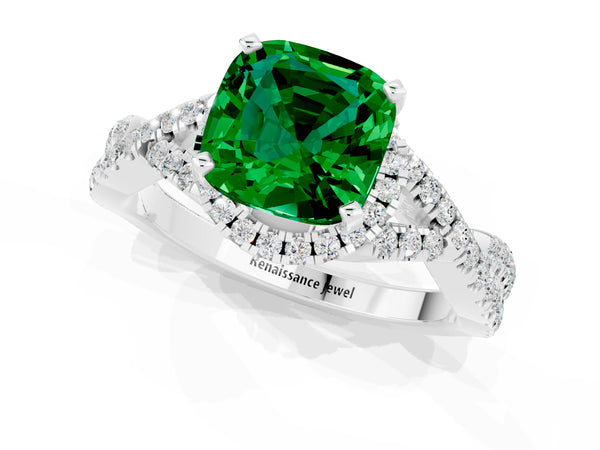White gold Cushion Cut Emerald  Halo Twist Band Solitaire Prong Setting Ring