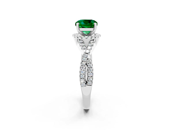 White gold Cushion Cut Emerald  Halo Twist Band Solitaire Prong Setting Ring