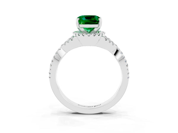 White gold Cushion Cut Emerald  Halo Twist Band Solitaire Prong Setting Ring